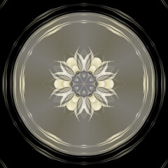 hexagonal floral fantasy in pale beige and white on a grey shades and black background