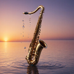 A saxophone floating in the water at sunset.