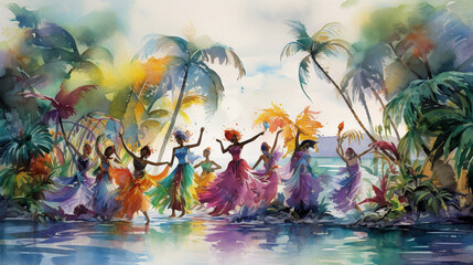 tropical island watercolor Generative AI - obrazy, fototapety, plakaty