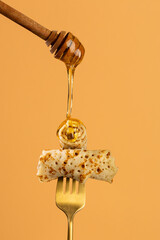 Honey pouring on french crepes pancake food