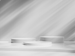 Empty white round podium, modern pedestal and platform, stand stage, cylinder, round empty stages with minimal shadow