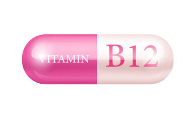Capsule vitamin B12 structure Pink, white. transparent capsule pill. Drug business concept. Illustration 3D Vitamin complex with chemical formula. Personal care, beauty. Isolated on cut out PNG.