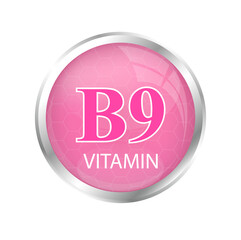 Vitamin B9 icon structure pink substance isolated on cutout PNG. Personal care, beauty concept. Medicine health symbol of thiamine. Drug business. Vector Illustration 3D complex with chemical formula	