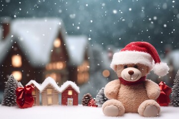 Festive teddy bear with Santa hat surrounded by winter holiday setting, providing room for text. Soft, out-of-focus backdrop. Generative AI