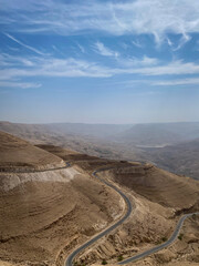 Scenic view with winding street at Mujib Canyon, Jordan.