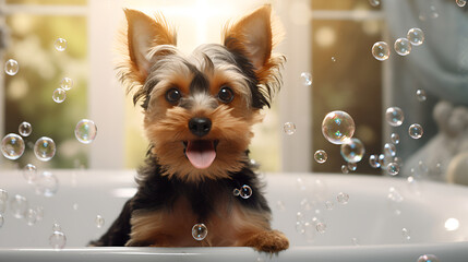  Cute little Yorkshire Terrier dog in a bath with foamwith foam and soap bubbles. Llittle Yorkshire Terrier dog in a bath. - obrazy, fototapety, plakaty