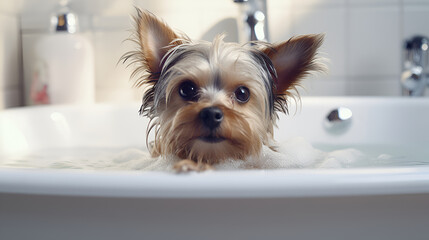  Cute little Yorkshire Terrier dog in a bath with foamwith foam and soap bubbles. Llittle Yorkshire Terrier dog in a bath.