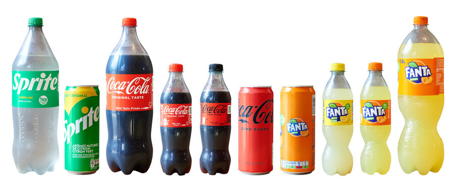 Family Cans and bottle of sweet carbonated drink Coca Cola, sprite, fanta, made for Belgium