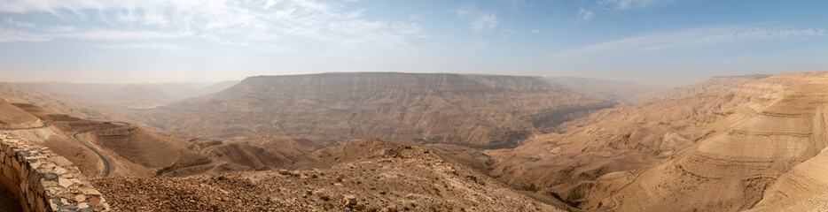 Panoramic view of Mujib Canyon, Jordan with winding street