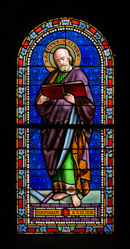 Saint Simon the Apostle ("the Canaanite"). A stained-glass window in Church of St Alphonsus Liguori, Luxembourg City, Luxembourg. 2022/11/21.