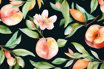 Watercolor illustration of botanical pattern with peach fruit, pink flowers, and leaves. Ideal for packaging, wrapping paper, fabric, or textiles. Generative AI