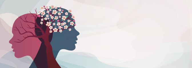 Metaphor bipolar disorder mind mental. 2 Head silhouette with flowering tree and bare tree. Mental health concept. Split personality. Mood disorder. Psychology. OurMindsMatter. Burnout