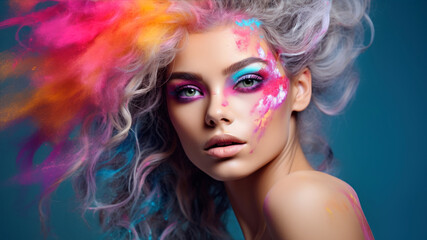 Fashion portrait of a beautiful girl with bright make-up and hairstyle