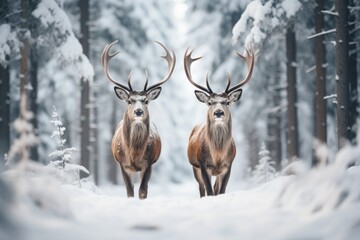 Two cute reindeers in lapland in a reindeer farm, in the forest, snowing day.