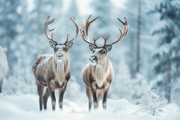 Two cute reindeers in lapland in a reindeer farm, in the forest, snowing day. - obrazy, fototapety, plakaty