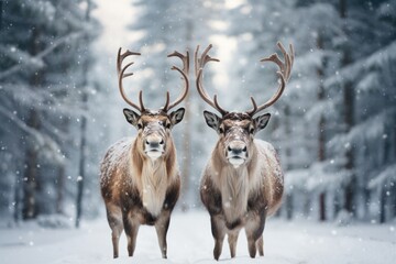 Two cute reindeers in lapland in a reindeer farm, in the forest, snowing day. - obrazy, fototapety, plakaty
