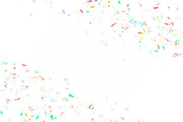 Rainbow color confetti falling down, PNG. Falling multicolored confetti isolated on transparent background. Design element for posters, flyer, invitation,
