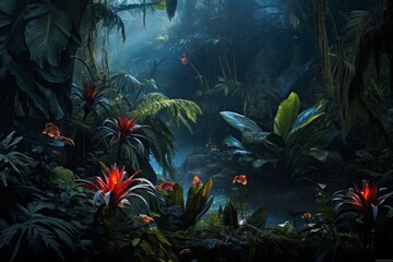 Dark night in jungle with saturated black plants. Generative AI