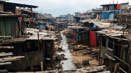 Income inequality, a view of a slum with dilapidated shanty houses. Poor people concept, Flimsy shacks with corrugated tin roofs make up a township