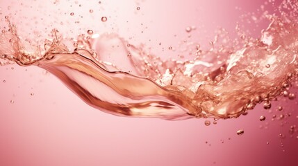Fototapeta premium Pink rose champagne splash motion close up on light pink background. New year, Valentines day celebration toast festive rose gold pink champagne splashing wine sparkle web banner
