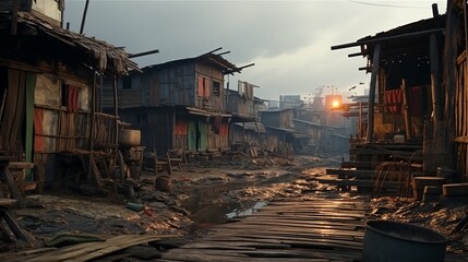 Fototapeta premium Income inequality, a view of a slum with dilapidated shanty houses. Poor people concept, Flimsy shacks with corrugated tin roofs make up a township