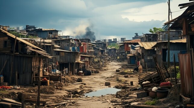 Income inequality, a view of a slum with dilapidated shanty houses. Poor people concept, Flimsy shacks with corrugated tin roofs make up a township