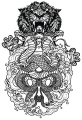 Tattoo art snaks drawing and jumping tiger black and white