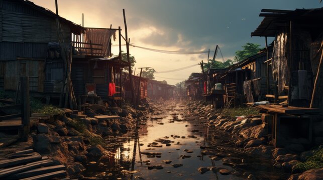 Income inequality, a view of a slum with dilapidated shanty houses. Poor people concept, Flimsy shacks with corrugated tin roofs make up a township