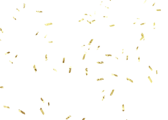 Gold color confetti falling down, PNG. Create birthday and party decoration concept. Falling yellow confetti isolated on transparent background