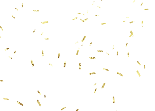 Gold color confetti falling down, PNG. Create birthday and party decoration concept. Falling yellow confetti isolated on transparent background