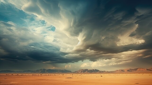 Stormy sky concept over desert landscape background.,generative AI