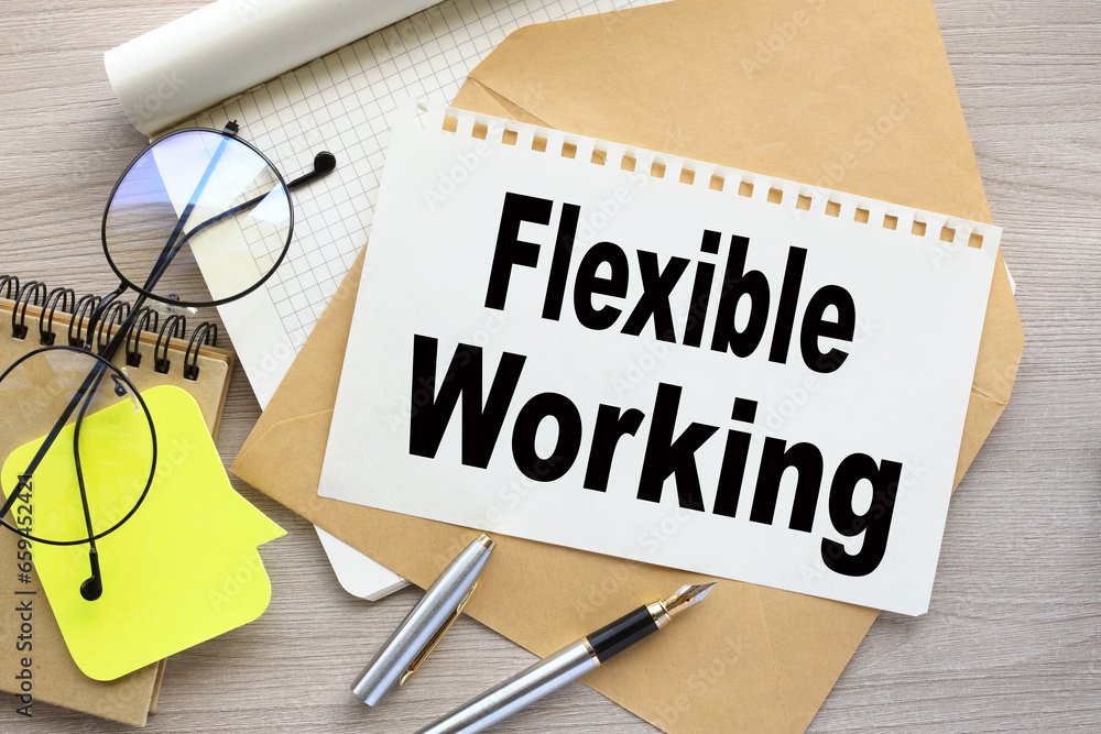 Poster flexible working work desk with text on page on envelope.