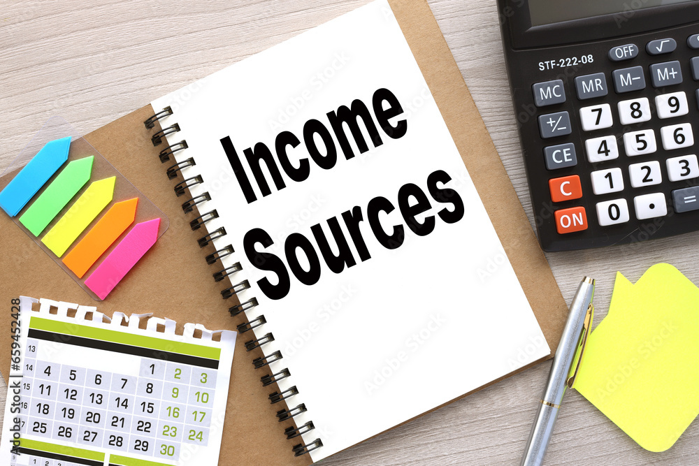 Poster open notepad with text. bright stickers point to text. income sources