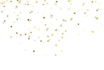 Gold color confetti falling down, PNG. Create birthday and party decoration concept. Falling yellow confetti isolated on transparent background