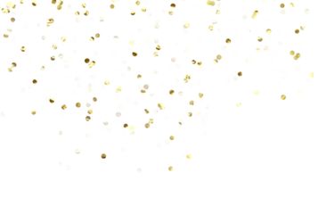 Gold color confetti falling down, PNG. Create birthday and party decoration concept. Falling yellow confetti isolated on transparent background