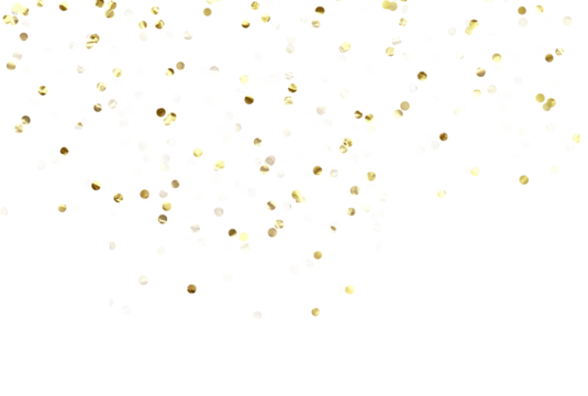 Gold color confetti falling down, PNG. Create birthday and party decoration concept. Falling yellow confetti isolated on transparent background