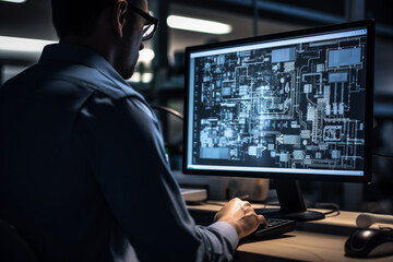 structural engineer checks construction blueprints and pointing to computer.