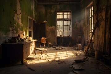 Deserted institution with decaying walls, rusty tools. Obscure ambiance, intense shadows. Generative AI