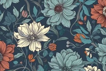 Fototapeten Vintage flower pattern with gray-blue background. Generative AI © Amaia