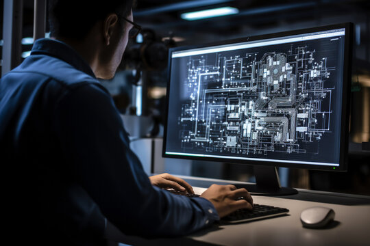 structural engineer checks construction blueprints and pointing to computer.
