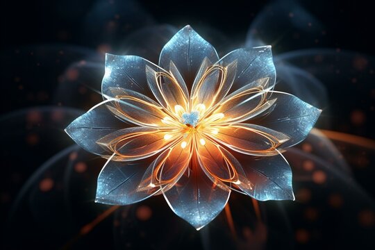 Intricate Glowing Flower With Cosmic Vibes And Wireframe Backdrop, Depicted In A 3D Illustration. Generative AI