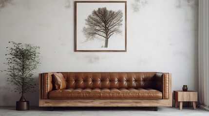 Mid-century style interior design of modern living room with terra cotta sofa and brown leather armchairs