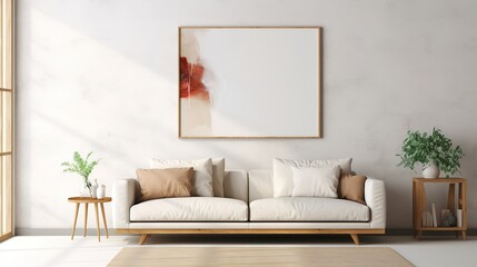 Fototapeta premium White sofa and black coffee table against white wall with art poster. Scandinavian boho home interior