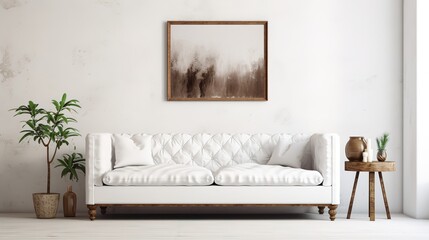 White sofa and black coffee table against white wall with art poster. Scandinavian boho home interior