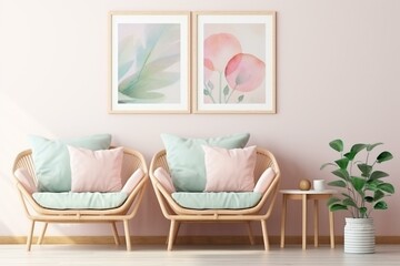 Room with light pastel hues, rattan furniture, mock up frame. Generative AI