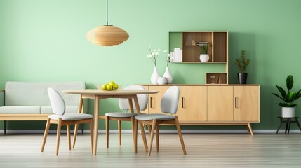 Orange leather chairs at round dining table against green wall. Scandinavian, mid-century home interior design