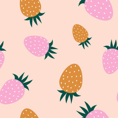 Vector cute seamless cartoon pattern with strawberries in doodle style. Suitable for printing on fabric, gift wrapping, children's clothing, cards, scrapbooking, notepads, stationery, packaging.