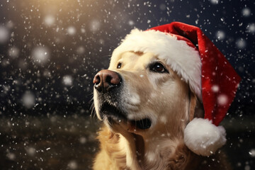 dog wearing a Christmas Santa Claus hat on snow background snowy sky view