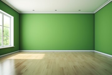 Empty room with green walls, wood floor, and frames. Generative AI