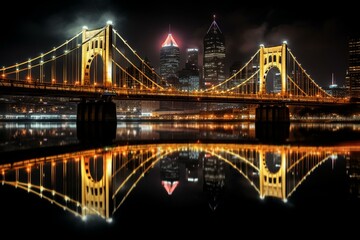 View of Pittsburgh's bridge at night. Generative AI - obrazy, fototapety, plakaty